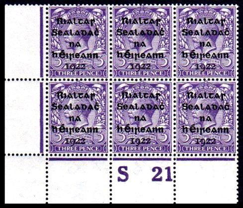 Dollard Overprint: 3d corner block of 6 with Control S21 perf., ovpt. Pl. 1, completely u/m, very scarce as such. SG 5, Mi. 4, Hib. TC 17.