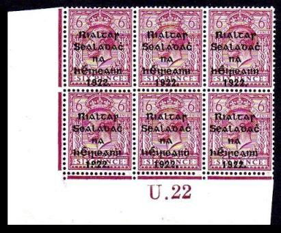 Thom 5-Line Overprint in blue-black: 6d bright reddish purple corner Control block of 6 U22 imp., ovpt. Pl. 8, completely u/m, scarce thus. SG 39, Mi. 20 I, Hib. TC 97.