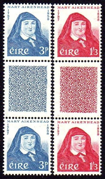 Ireland Commemorative: 1958 Aikenhead set in gutter pairs, 3d is lightly folded, 1/3 is unfolded, u/m mint and very fresh, rare in this quality! SG 174-5 gp, Mi. 138-9 Zs., Hib. C61-2 gp.