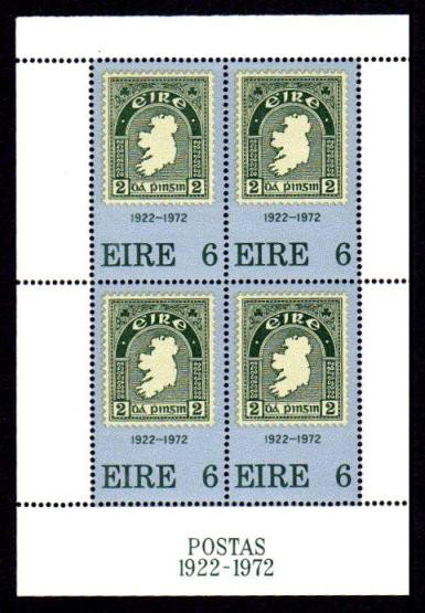 Ireland Commemorative: 1972 Minisheet "mis-cut to the left", u/m, rare, only 1 pack of 100 ever found. Hib. MS1c.