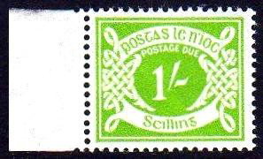 Ireland 1970 Postage Due: 1970 1/- green, sideways wmk., left marginal u/m, almost perfect centring, scarce as such. SG D14w, Mi. P14Y, Hib. PD 14wd.