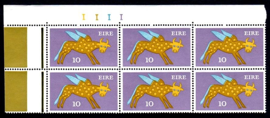 Ireland Gerl Definitive: 1971 10p brown outline on matt PVA gum, cylinder block of 6 with wide olive-green "flags" at left, and with corner retouch from R.1/3, superb u/m mint, a scarce positional piece. SG 299a var., Mi. 262