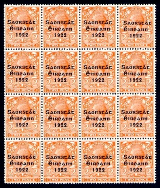 Thom Saorstát Overprint: 2d block of 16, upper and lower right stamps with "S over é" from R.7/10 and 10/10, all u/m mint, a nice combination block. SG 55 var., Mi. 28 I var., Hib. T50a, 50b cat €200++.
