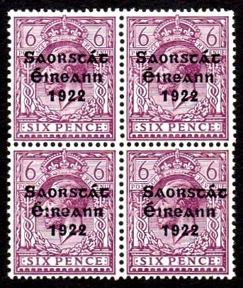 Thom Saorstát Overprint: 6d block of 4, lower right stamp with "S over é" from R.10/10, hinged at the top only, lower stamps incl. the error are u/m mint. SG 60 var., Mi. 33I var., Hib. T55b.