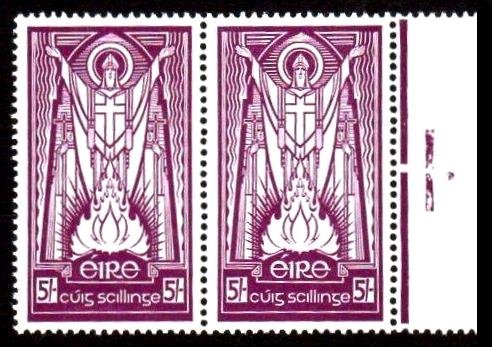 Ireland 1943-68 "e" Definitive: 5/- light shade on white paper, right marginal pair, left stamp with line flaw from R.3/8, u/m mint, very well centred. SG 124cb, Mi. 87b var., Hib. D31 I a.