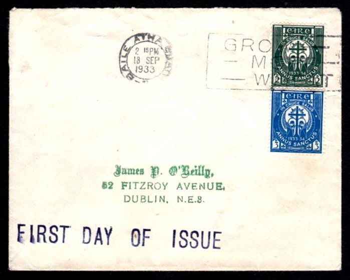 Ireland Commemorative: 1933 Holy Year set placed vertically on a clean cover, both stamps tied by a very fine Dublin machine cancel of September 18th, 1933, the First Day of Issue. Very clean, a neat example of this very sc