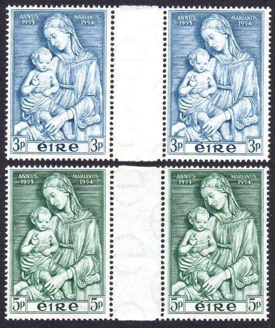 Ireland Commemorative: 1954 Marian Year set in gutter pairs, right 5d with a tiny gum tone spot not visible from the front, u/m mint, a very scarce set. SG 158-59, Mi. 120-21 Zs., Hib. 25C gp.