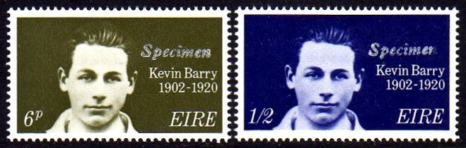 Ireland Commemorative: 1970 K. Barry set with white handstamp overprint Specimen in small serifed italics, u/m mint and very fresh. Extremely rare, only a handful of sets known in private hands. With clear BPP certificate (