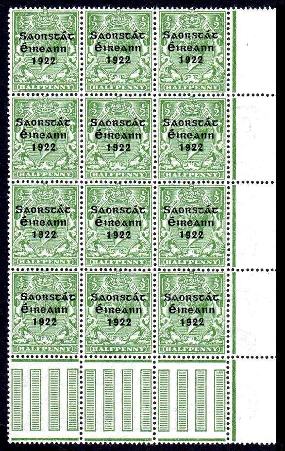 ½d block of 12 "S over e" 2x: ½d pane corner block of 12 from Overprint Setting 2 (uncorrected) with "S over é" on R.7/10 and R.10/10, completely u/m and very fresh, a most attractive positional combination block. SG 52 var.