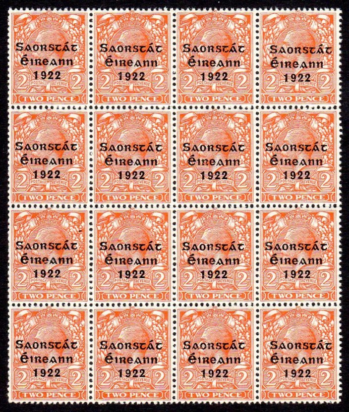 2d block of 16 with "S over e" 2x: 2d block of 16, upper and lower right stamps with "S over é" from R.7/10 and 10/10, all u/m mint, a nice combination block. SG 55 var., Mi. 28 I var, Hib. T50a, 50b cat €200++.