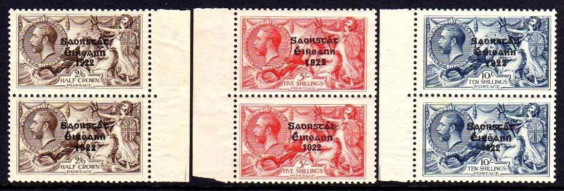 1927 Composite set 2/6 to 10/-: 1927 Composite set 2/6 to 10/- in marginal vertical pairs, 2/6 from the "broken R" plate, 10/- from the "broken S" plate, all u/m mint and brilliantly fresh without gum wrinkles, a most attractive pre
