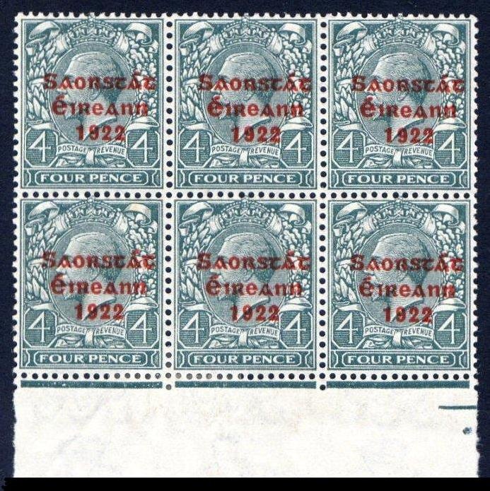 Thom Saorstát Overprint: 4d bottom marg. block of 6, upper left stamp with "broken crossbar" from R.19/4, two lower stamps with hinge and gum bend, the upper stamps (incl. variety) superb u/m mint. Clear BPP cert (2014). A ra