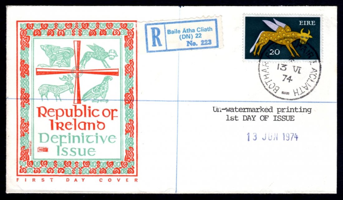 Ireland Gerl Definitive: 1974 Gerl no wmk. 20p ox on an illustrated registered FDC with neat Dublin cds, unaddressed, neatly opened right, very scarce. SG 357, Mi. 263Z, Hib. D96 FDC.