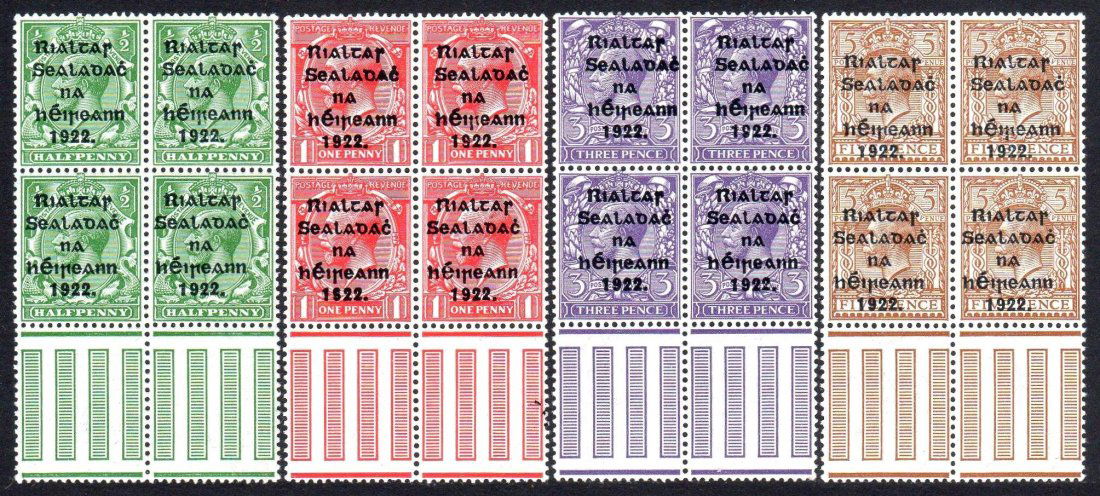 Thom Blue-Black Overprint: ½d, 1d, 3d & 5d in matching gutter marginal blocks of 4 from Setting 5, the upper stamps with R over Se, l over na and éi over 19, all u/m mint and very fresh. A most attractive group. SG 30-31,