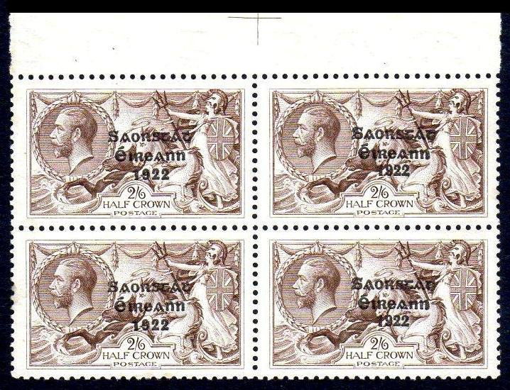 Saorstát Composite Overprint: 1927 2/6 from the "broken R" plate, top marg. sheet centre block of 4 containing 2 horizontal composite pairs, u/m mint, 3 stamps with small gum disturbances, a few scattered specks of faint gum agein