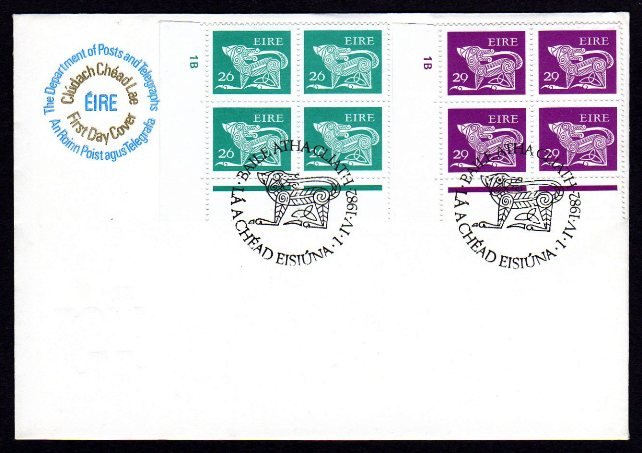 Ireland Gerl Definitive: 1982 Gerl Litho 26p and 29p bottom left cyl. 1B blocks of 4 on single official Post Office FDC tied by special cancels. Clean and very scarce. SG 482-3, Mi. 462-3, Hib. D103-04.