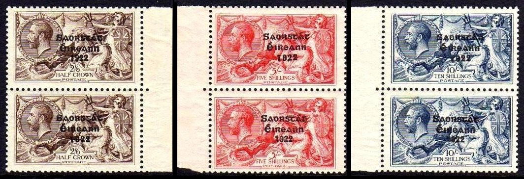 Saorstát Composite Overprint: 1927 Composite set 2/6 to 10/- in marginal vertical pairs, 2/6 from the "broken R" plate, 10/- from the "broken S" plate, all u/m mint and brilliantly fresh without gum wrinkles, a most attractive pre