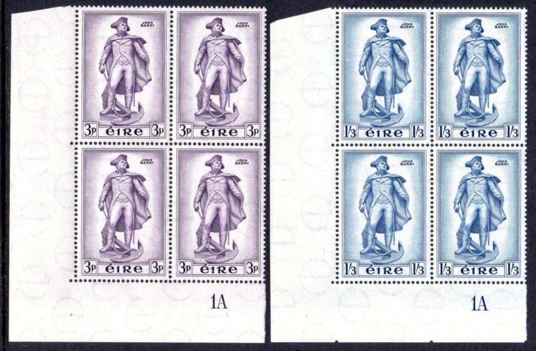 Ireland Commemorative: 1956 Barry set in bottom left Plate 1A corner blocks of 4, fresh u/m, exceptionally well centred. SG 162-3, Mi. 126-7, Hib. C49-50.
