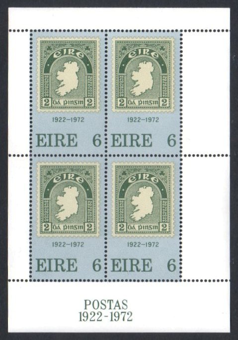 Ireland Commemorative: 1972 Minisheet "mis-cut far to the right", u/m, very rare, only a handful discovered to date. SG MS 324 var., Mi. Bl. 1 var., Hib. MS1d.
