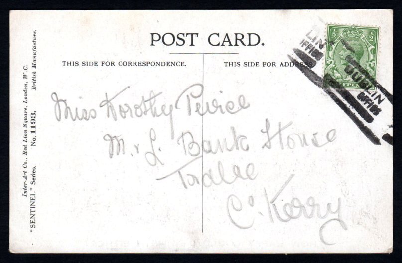 G.B. Used in Ireland: 1916 Humour postcard to Tralee with GB ½d green tied by a superb impression of the Dublin parcel roller cancel with the word PARCEL excised, altered for emergency use after the Easter Rising. An 