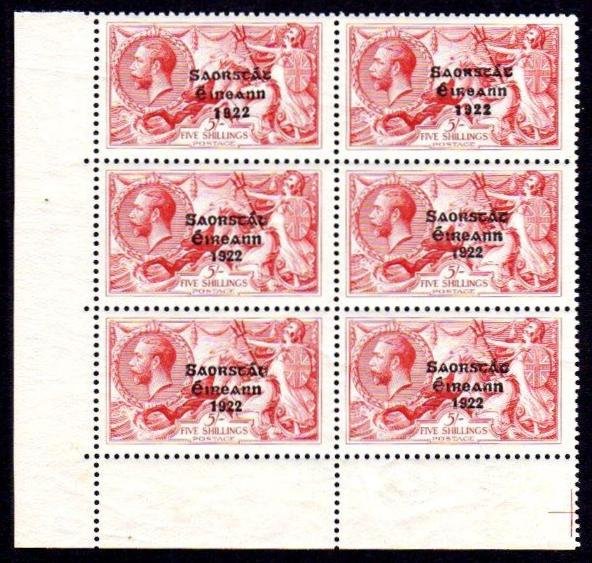 Saorstát Composite Overprint Seahorse: 1927-28 Composite 5/- corner block of 6 with 2 "wides" above a block of 4 "narrows" from the normal setting, u/m mint and brilliantly fresh, bottom right stamp with a small faint, miniscule gum distur