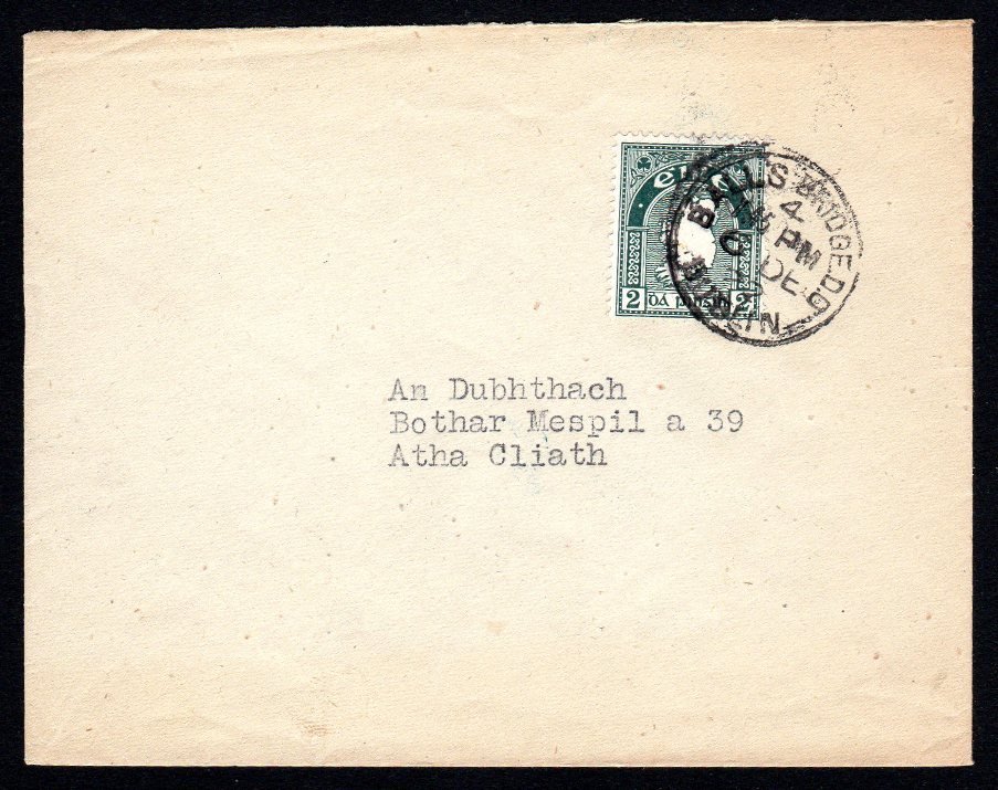 Ireland ""Se"" Definitive: 2d on small, clean cover with clear Dublin First Day circular cancel, with neat, typewritten address. SG 74, Mi. 43A, Hib. D4 FDC.