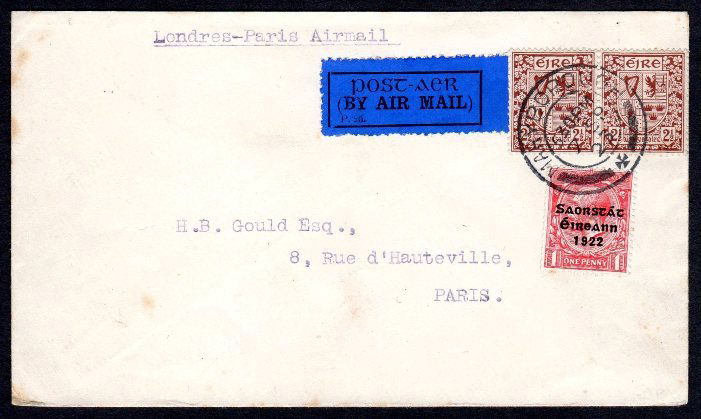Irish Definitive "Se": 2 1/2d pair on cover to Paris (1 of 1)