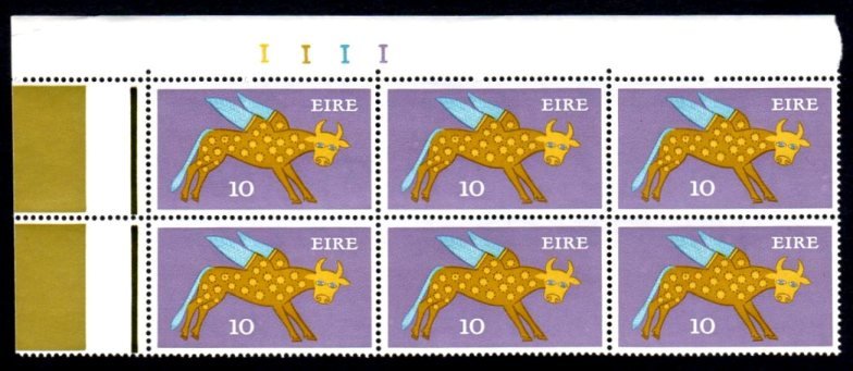 Irish Definitive: 1971 10p brown outline on PVA matt: 1971 10p brown outline on matt PVA gum, cylinder block of 6 with wide olive-green "flags" at left, and with corner retouch from R.1/3, superb u/m mint, a scarce positional piece. SG 299a var., Mi. 262