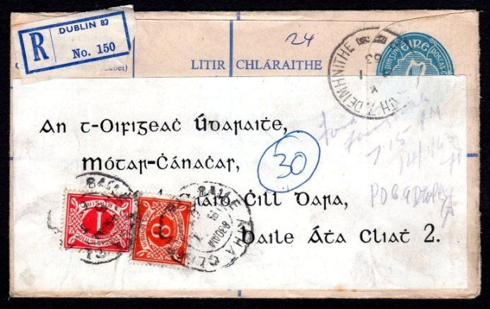 Postage Due: Posted out of Course: Charge for Posting out of Course, 1962 Registered Envelope 1/1 Format G first type, used 1963 to the Motor Taxation Office in Dublin but posted in a letter box with m/s annotation, 9d charge collected