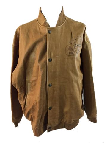 Michael Jackson Personal Signed Grammy Jacket: 44th Annual Grammy personally worn and signed by Michael Jackson. This is a light brown suede jacket, signed on the left breast. Jacket is size XL with cinched waist and sleeves, slanted side pockets