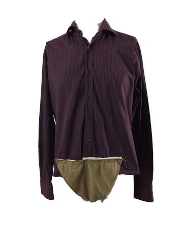 The Greatest Showman P.T. Barnum (Hugh Jackman) Shirt: The Greatest Showman (2017) - P.T. Barnum (Hugh Jackman) screen worn, long sleeve maroon shirt. Maroon with light blue stripes as well as cream colored stripes with dots up and down the entire shirt.