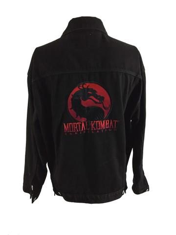 Mortal Kombat Annihilation Crew Jacket: Black button-up denim jacket (XL), made by Calvin Klein for film crew of Mortal Kombat Annihilation (1997). Back of the jacket displays the franchise logo of a black dragon in front of a red circle ab