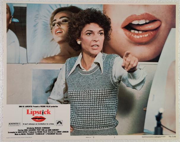 Lipstick Lobby Card (1976): Lipstick (Paramount Pictures, 1976) lobby card. Drama. Starring Margaux Hemingway, Chris Sarandon, Anne Bancroft, Perry King, Robin Gammell, John Bennett Perry, Mariel Hemingway. Directed by Lamont Jo