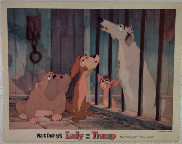 Lady and the Tramp Lobby Card (1955): Lady and the Tramp (Walt Disney Productions, 1955) lobby card. Animation. Starring Barbara Luddy, Larry Roberts, Peggy Lee, Lee Millar. Directed by Clyde Geronimi & Wilfred Jackson. Very light edge we