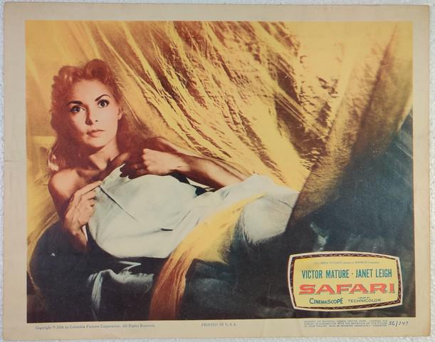 Safari Lobby Card (1956): Safari (Columbia Pictures, 1956) lobby card. Adventure. Starring Janet Leigh, Victor Mature, Roland Culver, John Justin, Earl Cameron. Directed by Terence Young. Some edge wear, some creases, pin-hole