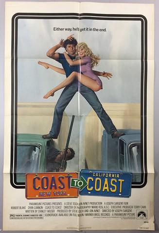 Coast to Coast (1980) Litho Poster: Coast to Coast (Paramount Pictures, 1980). One Sheet. Litho. Starring: Dyan Cannon and Robert Blake. There are fold lines, creases, marks, stains and edge wear damage. Fine. (27" X 41").
