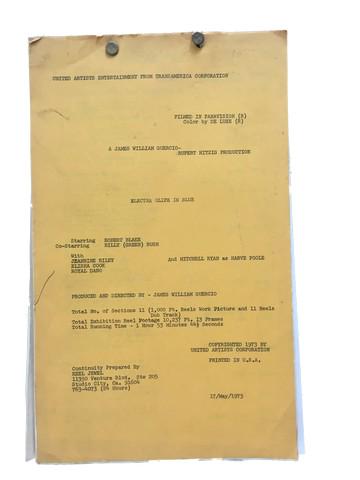 Electra Glide Into Blue (1973) Script: "Electra Glide Into Blue" (1973) from United Artists original script and combined continuity. This is an action film starring Robert Blake as John Wintergreen, Billy Green Bush as Zipper (Billy "Green