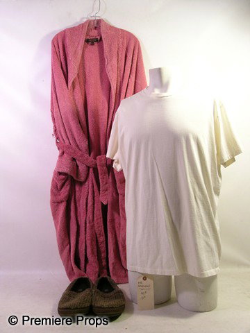 Piranha 3D Mr. Goodman (Christopher Lloyd) Robe Mo: Piranha 3D - Mr. Goodman (Christopher Lloyd) screen worn, hero, off white short sleeve with crew neck, 'Gap' t-shirt, dirty and tattered 'Signature' robe with belt, and fuzzy brown and black 'Acorn' s