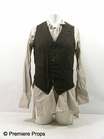 Inglourious Basterds Proprietor Eric (Christian Be: Inglourious Basterds - Proprietor Eric (Christian Berkel) screen worn, hero, very bloody, grey partial button up the front long sleeve with collar shirt, bullet hole on the shoulder, brown button up t