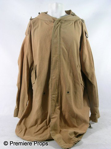Book of Eli (Denzel Washington) Coat Movie Costume: Book of Eli - Eli (Denzel Washington) stunt, pumpkin, long sleeve with zipper up the front, with pockets and hood, "C&J" military style coat. This coat has multiple holes in the back, possibly for stu