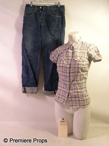 Peacock Maggie (Ellen Page) Screen Worn Movie Cost: Peacock - Maggie (Ellen Page) screen worn, blue, red, and white plaid, short sleeve snap front with collar and front pockets, 'Heritage 1981' shirt, (size S) and blue rolled-cuff, 'Levis' jeans. (size