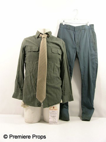 Devil Mechanic Tony (Logan Marshall-Green) Movie C: Devil - Mechanic Tony (Logan Marshall-Green) screen worn, hero, bloody, long sleeve greyish green tiny herringbone brushed cotton 'Retreat' shirt, (size S-14 1/2) carmel color self herringbone 'Brioni