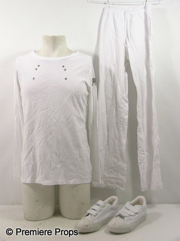 Resident Evil Afterlife Survivor Experiment White : Resident Evil Afterlife - Survivor Experiment's screen worn, hero, white with custom silver holes in the front, barcode on the left sleeve, 'Eddie Bauer' cotton long sleeve crew neck shirt, (size XL) 