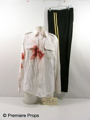 Red Frank (Bruce Willis) Bloody Movie Costumes: Red - Frank (Bruce Willis) screen worn, hero, bloody, white button up the front with collar 'Marlow White' shirt, (no size) and navy blue with gold stripes down the side 'Marlow White' pants. Includes
