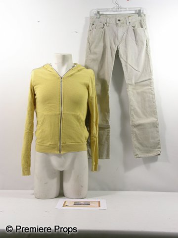 Zombieland Columbus (Jesse Eisenberg) Movie Costum: Zombieland (2009) - Columbus (Jesse Eisenberg) screen worn, hero, yellow zipper up the front with two front pockets hooded sweatshirt, (no tags, size) and tan button front with zipper 'Gap Jeans' low 