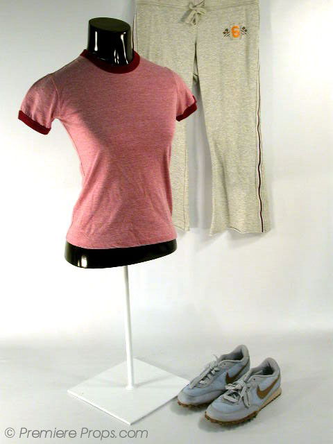 SISTERHOOD OF THE TRAVELING PANTS - Bridget (Blake: Screen worn outfit worn by Bridget (Blake Lively) in "The Sisterhood of the Traveling Pants (2005)." Includes: Red Ringer Short Sleeve T-Shirt, Grey with Brown Stripes Sweat Pants, "Nike" Light Blue R