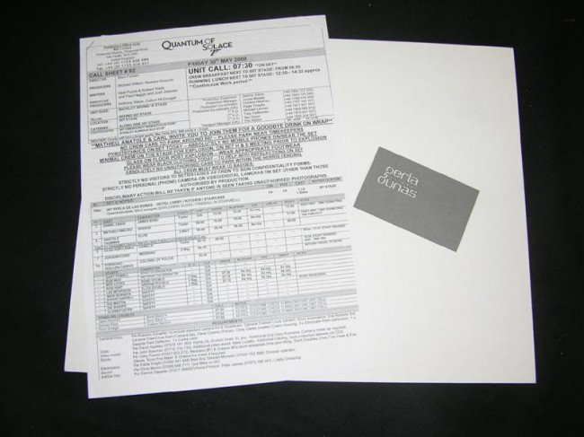 QUANTUM OF SOLACE - Call Sheet and Business Card: Quantum of Solace (2008) A screen used "Perla Dunes" prop business card and production call sheet. Call Sheet (8.5" x 12") Business Card (3.5" x 2")