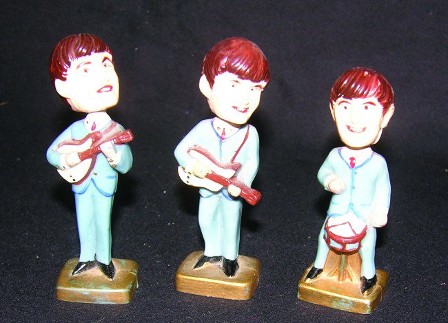 THE BEATLES - Figurines: Beatles Figurines - Vintage Bobble Heads of John, George and Ringo. Plastic figurines made in Hong Kong, 3.5" tall each.
