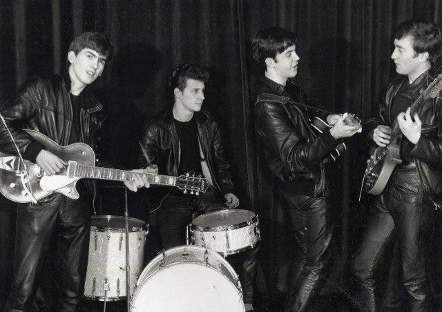 THE BEATLES - Photograph: Beatles Photograph - This is a extremely rare original photograph that includes drummer Pete Best from before Ringo joined the band. Scratch on left side near George's arm. 16 x 20 (Large) Item is ove