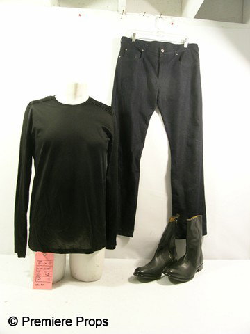 FASTER - Killer (Oliver Jackson-Cohen) Costume: Faster (2010) - Killer (Oliver Jackson-Cohen) screen worn, hero, black, sheer cotton/poly long sleeve "Hugo Boss" pull over shirt, ( size large) blue denim two front pockets, two back pockets with V s